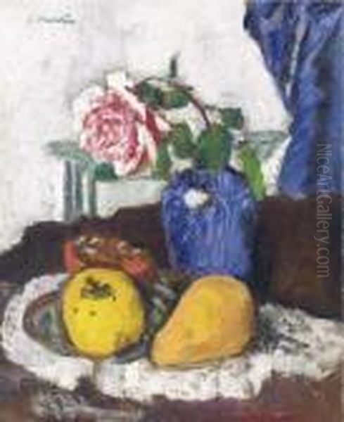 Fruit And Pink Rose In A Blue Vase Oil Painting by George Leslie Hunter