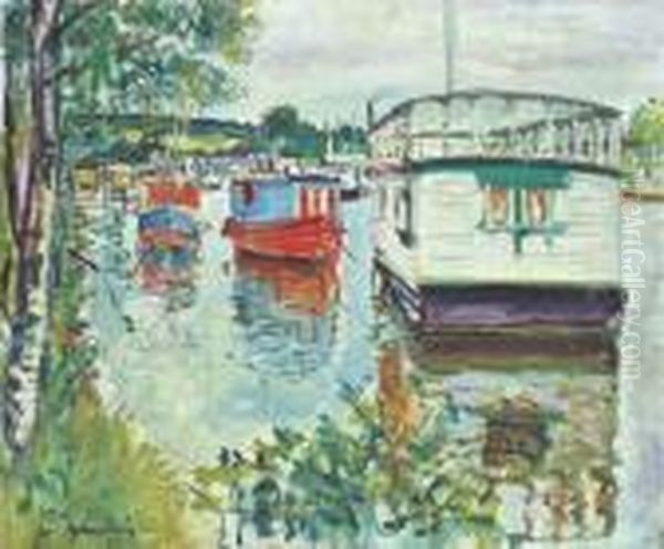 House Boats, Loch Lomond Oil Painting by George Leslie Hunter