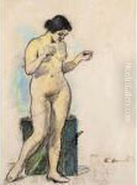 A Standing Female Nude With A Cat Oil Painting by George Leslie Hunter