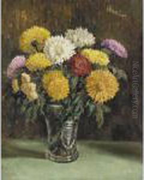 Still Life With Chrysanthemums Oil Painting by George Leslie Hunter