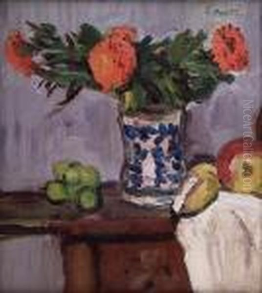 Still Life Of Marigolds And Fruit Oil Painting by George Leslie Hunter