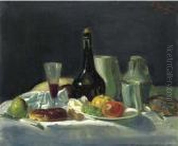 Still Life With Bottles And Fruit Oil Painting by George Leslie Hunter