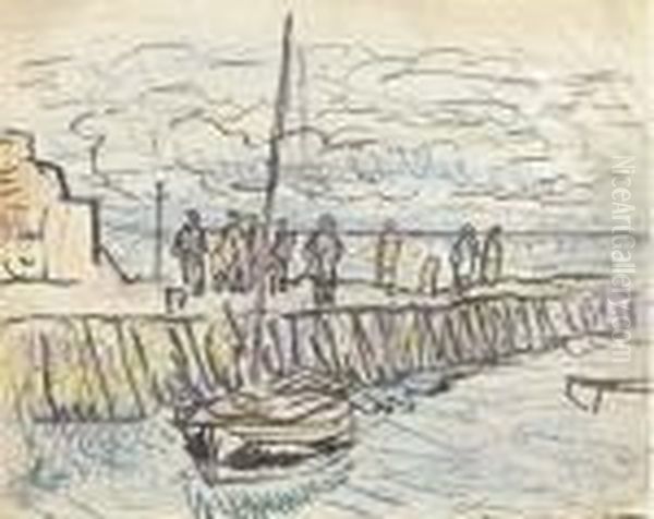 Largo Harbour With Figures Oil Painting by George Leslie Hunter