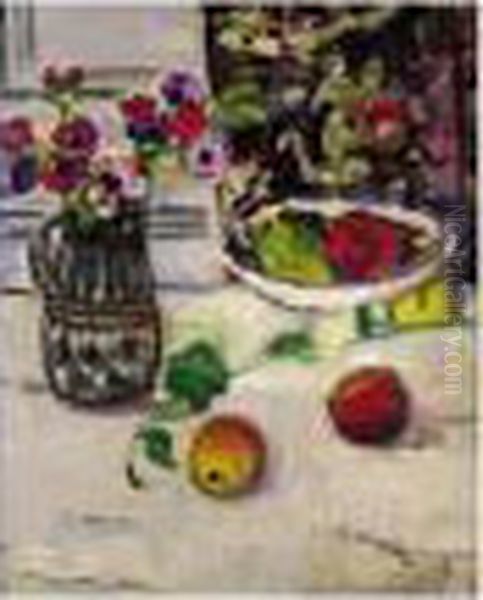 Still Life With Anemones And Apples Oil Painting by George Leslie Hunter