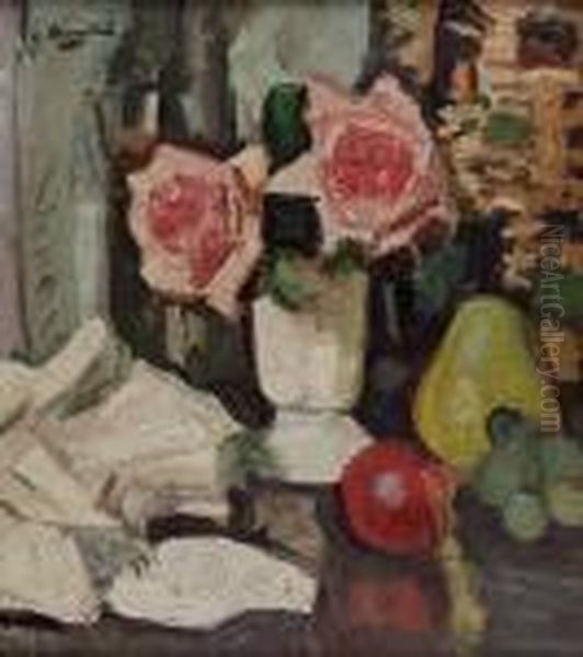 Still Life Of Pink Roses And Fruit Oil Painting by George Leslie Hunter