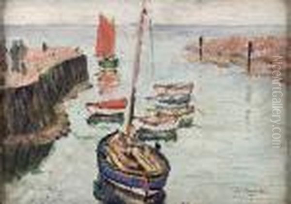 The Red Sail, Largo Harbour Oil Painting by George Leslie Hunter