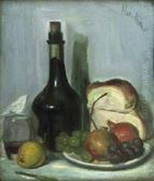 A Still Life Of Fruit, Bread And Black Bottle On A Tabletop Oil Painting by George Leslie Hunter