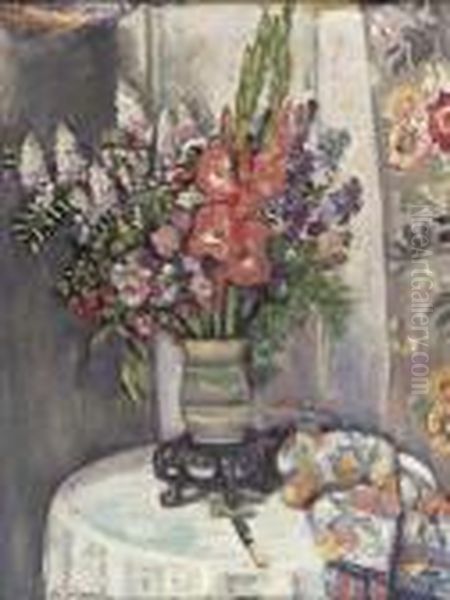 Still Life With Flowers In A Striped Vase Oil Painting by George Leslie Hunter