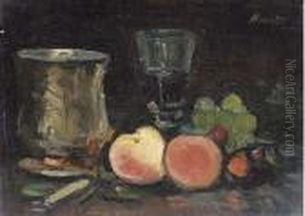 Peaches And Tankard Oil Painting by George Leslie Hunter