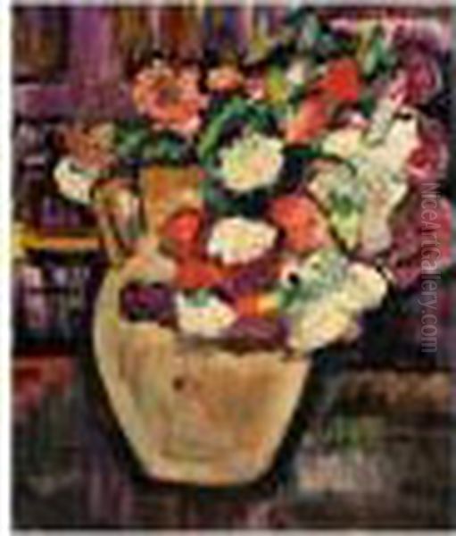 A Still Life Of Flowers In A Yellow Jug Oil Painting by George Leslie Hunter