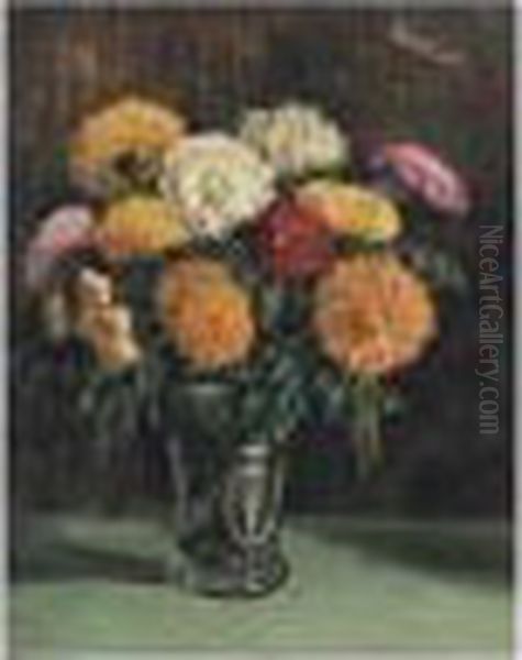 Still Life Of Chrysanthemums Oil Painting by George Leslie Hunter