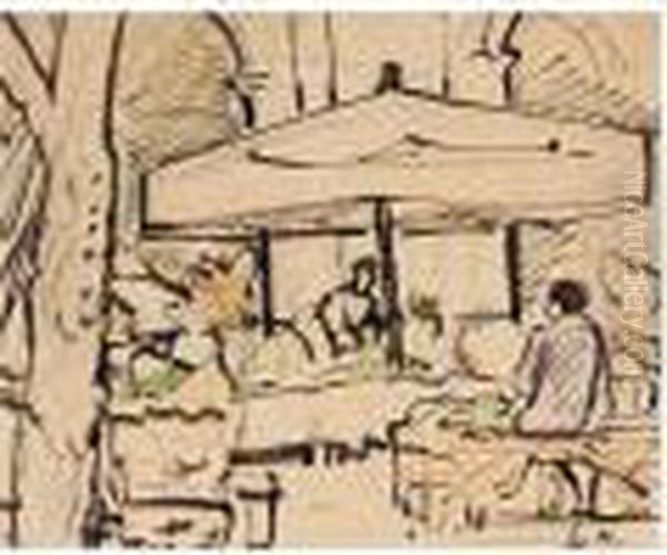 A French Market, C.1927; In A French Garden, C.1927; Sketch Of A Woman, C.1927-29 Oil Painting by George Leslie Hunter