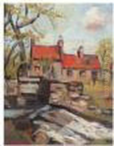 Red Roofs By A Weir Oil Painting by George Leslie Hunter