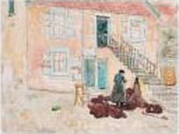 Mending The Nets At Largo, Fife Oil Painting by George Leslie Hunter