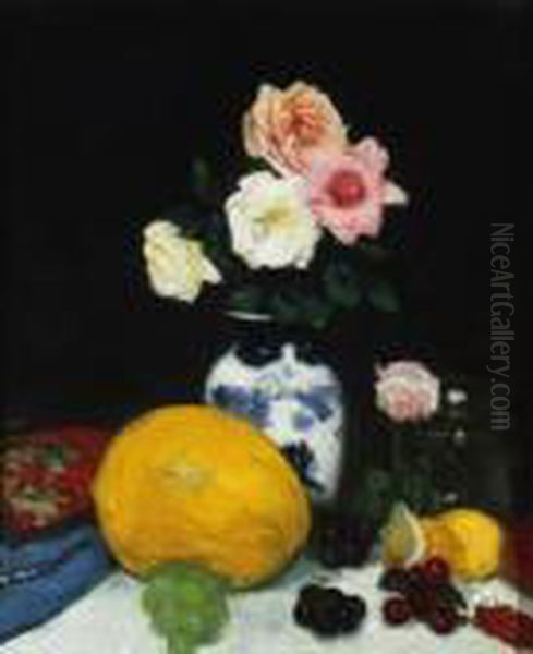 Still Life With Roses And A Melon Oil Painting by George Leslie Hunter