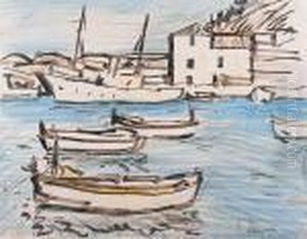 Boats In The Harbour, Cassis Oil Painting by George Leslie Hunter