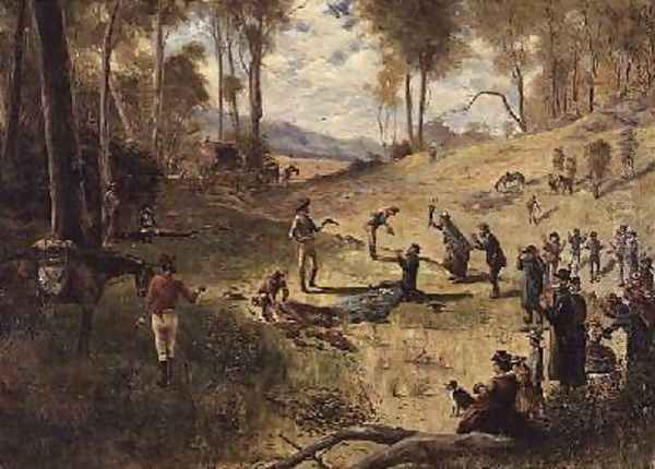 Bushrangers holding up coach passengers 1894 Oil Painting by Patrick William Marony