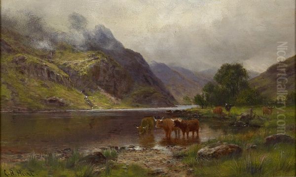 Highland Cattle Watering By The Loch's Edge Oil Painting by Louis Bosworth Hurt