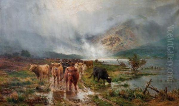 Cattle In A Highland Landscape Oil Painting by Louis Bosworth Hurt