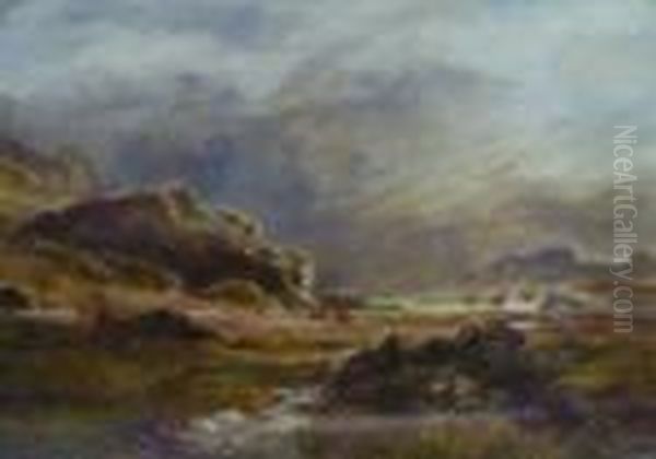 Stags In A Highland Landscape Oil Painting by Louis Bosworth Hurt