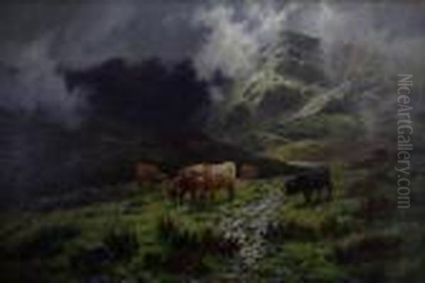 Highland Cattle In A Mountainous Landscape Oil Painting by Louis Bosworth Hurt