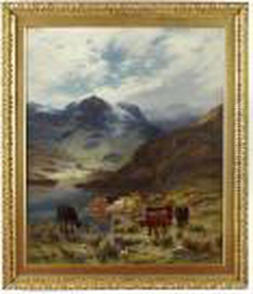 Highland Cattle Watering In A Mountain Loch Oil Painting by Louis Bosworth Hurt