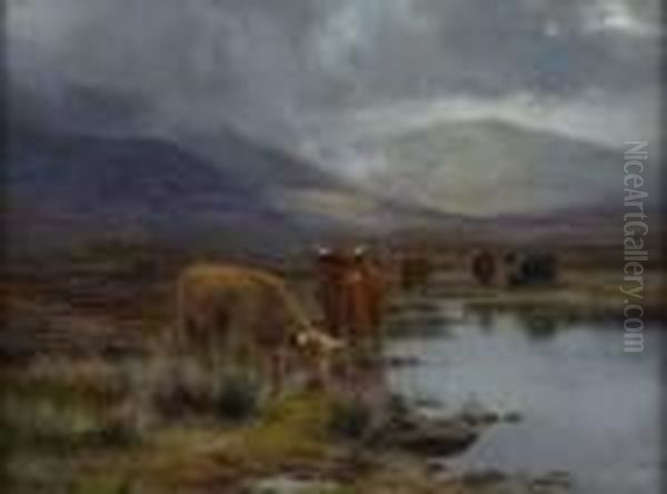 Highland Cattle Watering In A Mountain Lochan Oil Painting by Louis Bosworth Hurt