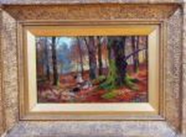 Children Resting In An Autumnal Wood Oil Painting by Louis Bosworth Hurt