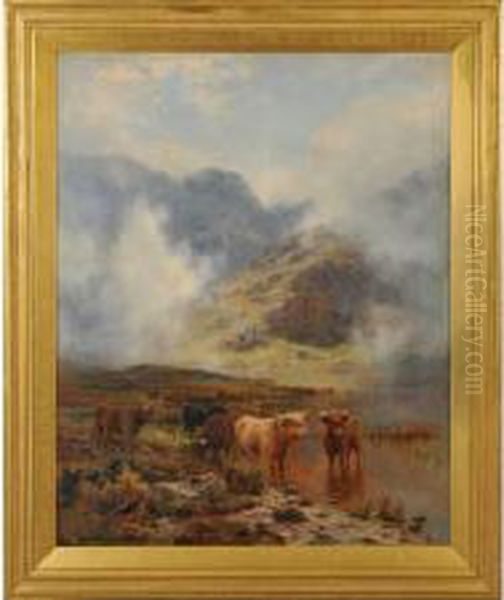 By Peaceful Loch And Mist Wreathed Hill Oil Painting by Louis Bosworth Hurt