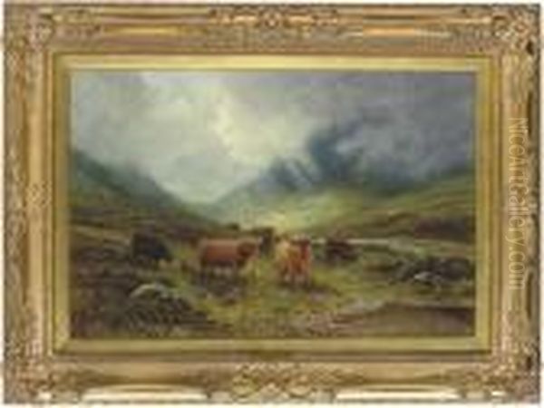 A Highland Landscape With Cattle Beside A River Oil Painting by Louis Bosworth Hurt