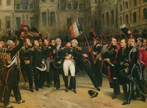 Napoleon I 1769-1821 Bidding Farewell to the Imperial Guard in the Cheval-Blanc Courtyard at the Chateau de Fontainebleau Oil Painting by Antoine Alphonse Montfort