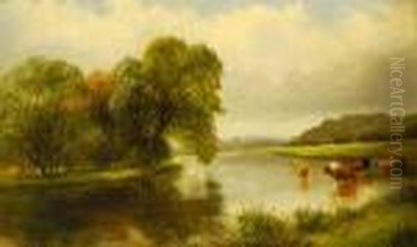 Cattle Watering In A Tranquil River Landscape Oil Painting by Louis Bosworth Hurt