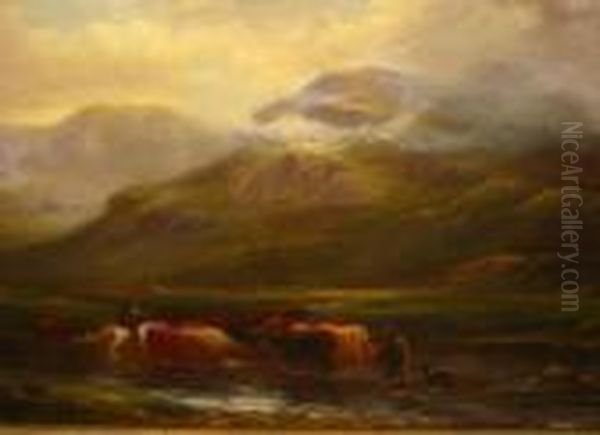 Highland Loch With Cattle And Drovers Oil Painting by Louis Bosworth Hurt