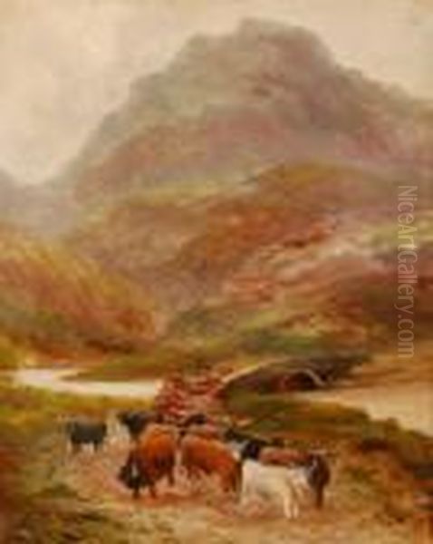 Cattle By A Highland River Oil Painting by Louis Bosworth Hurt