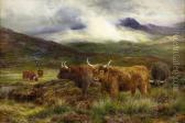 Highland Cattle In A Mountain Landscape Oil Painting by Louis Bosworth Hurt