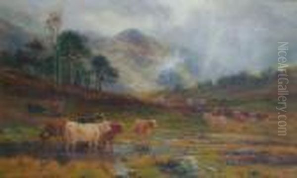 Highland Cattle On The Moor Oil Painting by Louis Bosworth Hurt