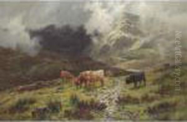 Cattle In A Highland Landscape Oil Painting by Louis Bosworth Hurt