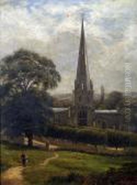 Ashbourne Church, A Summer Landscape With Figure And Sheep Oil Painting by Louis Bosworth Hurt