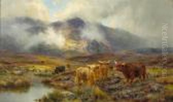 Highland Cattle In A Mountainous Landscape With Lowering Clouds Oil Painting by Louis Bosworth Hurt