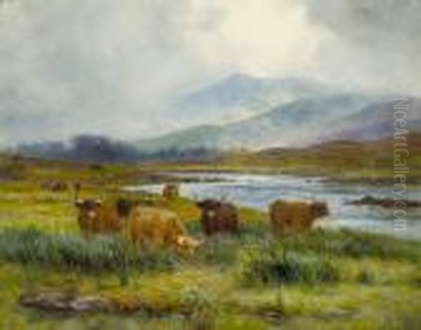 Highland Cattle Watering At A River Oil Painting by Louis Bosworth Hurt