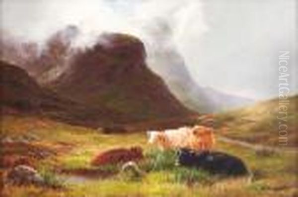 Cattle In A Highland Landscape Oil Painting by Louis Bosworth Hurt