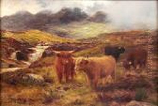 Highland Cattle In A Misty Mountain Landscape Oil Painting by Louis Bosworth Hurt