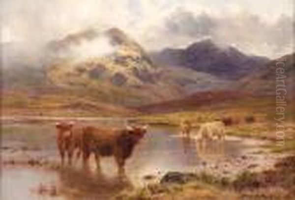 Highland Cattle Watering Oil Painting by Louis Bosworth Hurt