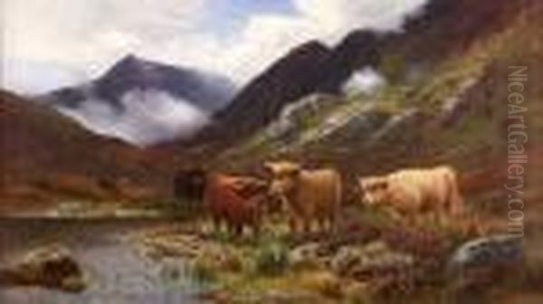 Highland Cattle In A Misty Glen Oil Painting by Louis Bosworth Hurt