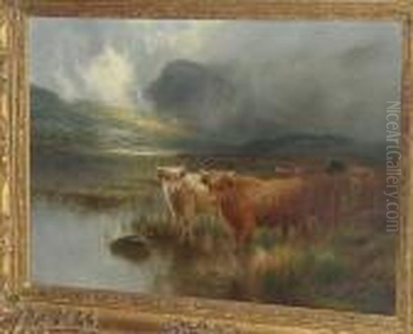 Highland Cattle By A Loch Oil Painting by Louis Bosworth Hurt