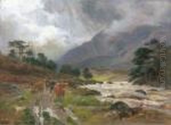 Highland Cattle On A Riverside Path Oil Painting by Louis Bosworth Hurt