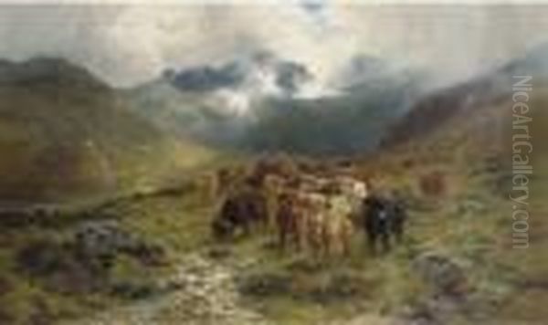 Highland Cattle And Drovers In A Valley Oil Painting by Louis Bosworth Hurt