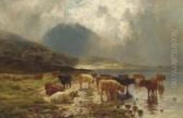 Highland Cattle Watering By A Loch Oil Painting by Louis Bosworth Hurt