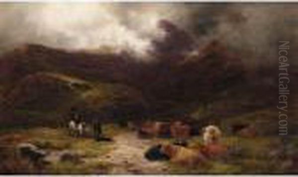 Highland Cattle And Drovers In A Glen Oil Painting by Louis Bosworth Hurt