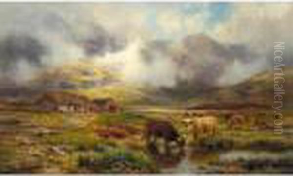 Highland Cattle In A Landscape Oil Painting by Louis Bosworth Hurt